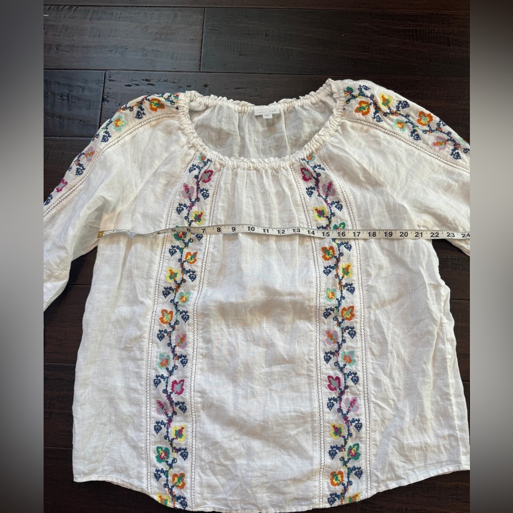 J Jill linen embroidered flowy whimsical white floral blouse size L luxury chic - Picture 5 of 9
